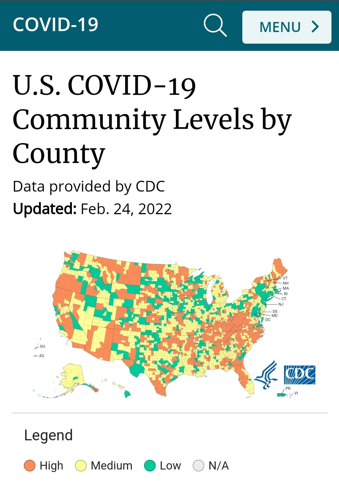 CDC Community Transmission levels map, showing mostly green