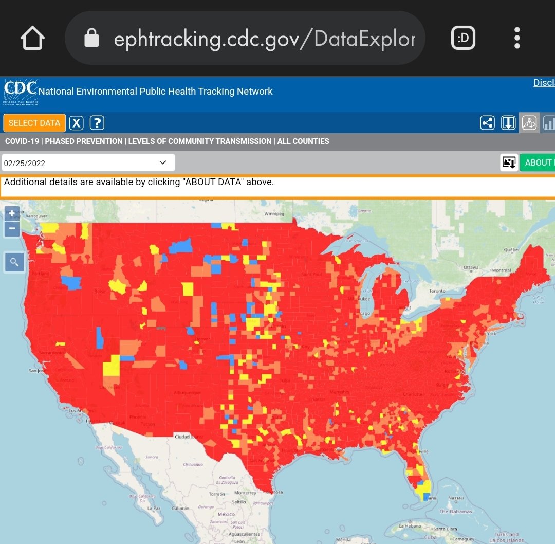 CDC Community Transmission levels map from ephtracking.cdc.gov, showing mostly red